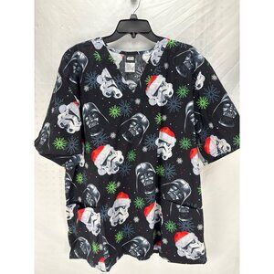 Star Wars Christmas Scrub Top XL Black Multicolor Darth Vader Stormtrooper